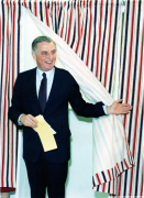 Walter F. Mondale steps out of the voting as the Democratic candidate for president